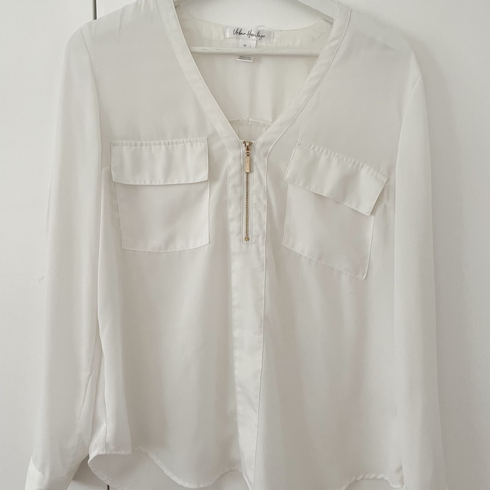 White Blouse with Gold Zipper Detail